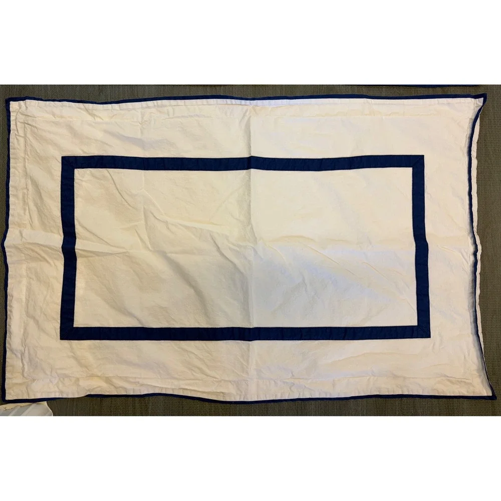 Pottery Barn King Pillow Shams Set of 2 White Navy Blue Bordered Coastal Cotton